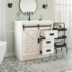 31in Farmhouse Barn Door Bathroom Vanity Sink Combo Cabinet Drawers