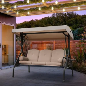 3-Seat Outdoor Patio Swing w/ Adjustable Canopy Waterproof Cushion Pillow