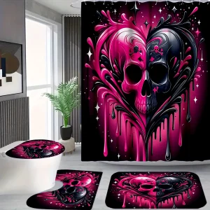 4 Pcs/Set Pink Black Skull Heart Shower Curtain Bathroom Set, Gothic