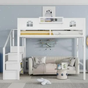 Queen Size Loft Bed Frame for Adults, Metal Loft Bed with Stairs