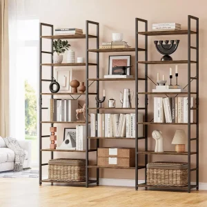 NUMENN Triple Column 6 Tier Bookshelf, Bookcase with 17 Open Display Shelves