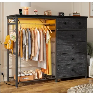 49.2" W Dresser for Bedroom with Hanging Rack 6 Drawers Dresser