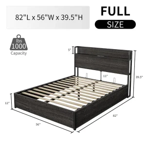 Full Size Lift Up Storage Bed, Wood Platform Bed Frame with Storage Headboard