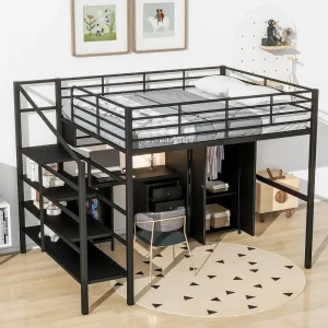 SOTSEA ull Size Lot Bed with Stairs and Desk, Industrial Metal Lot Bed