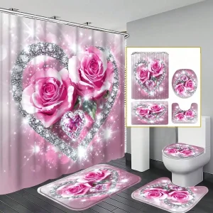 1/3/4pcs Pink Roses Shower Curtain Set, Glittering Pink Rose Heart Bathroom Decor