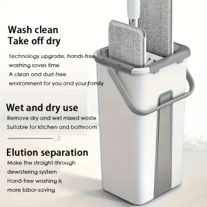 Hands-Free Flat Mop Bucket Set Wet Dry Floor Cleaning - Thumbnail Image 2