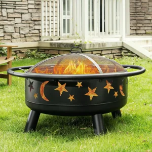 32 Inch Round Fire Pit with Mesh Cover, Fire Poker