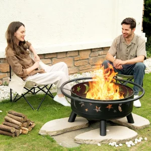 32 Inch Round Fire Pit with Mesh Cover, Fire Poker - Thumbnail Image 3