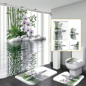 1/3/4pcs Zen Bamboo Shower Curtain Set, White Orchid Pebble Water Reflection