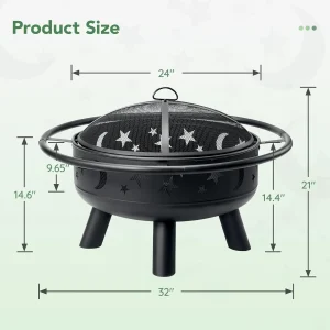 32 Inch Round Fire Pit with Mesh Cover, Fire Poker - Thumbnail Image 4