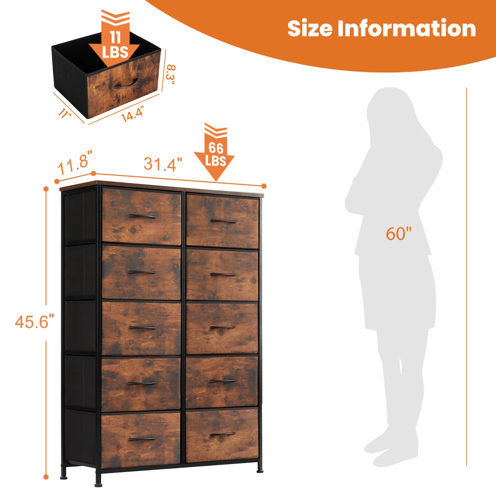 JHK Bedside Table For Bedroom With 10 Fabric Drawers - Image 1