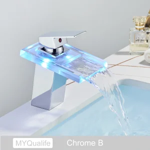 Luxury LED Color Changing Waterfall Basin Sink Faucet - Thumbnail Image 4